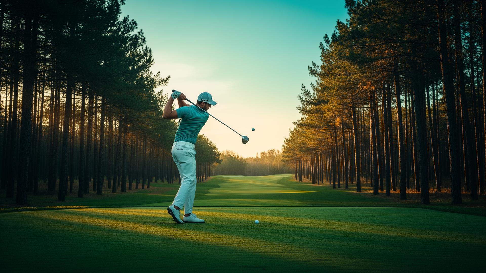Golfer mid-swing on a fairway lined with pine trees
